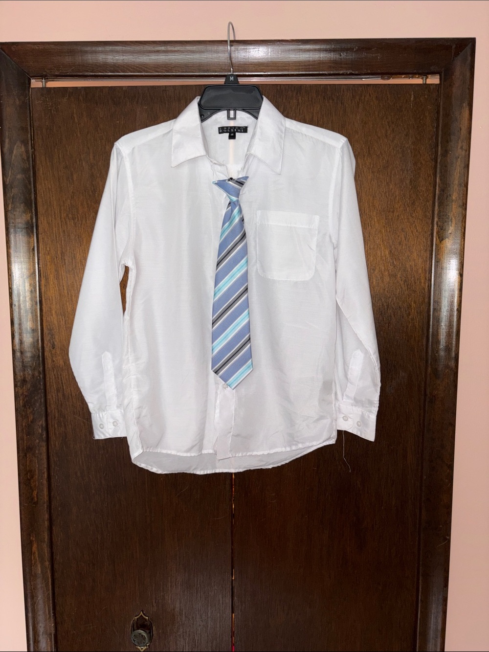 Classic Boys White Dress Shirt with Blue Striped Tie